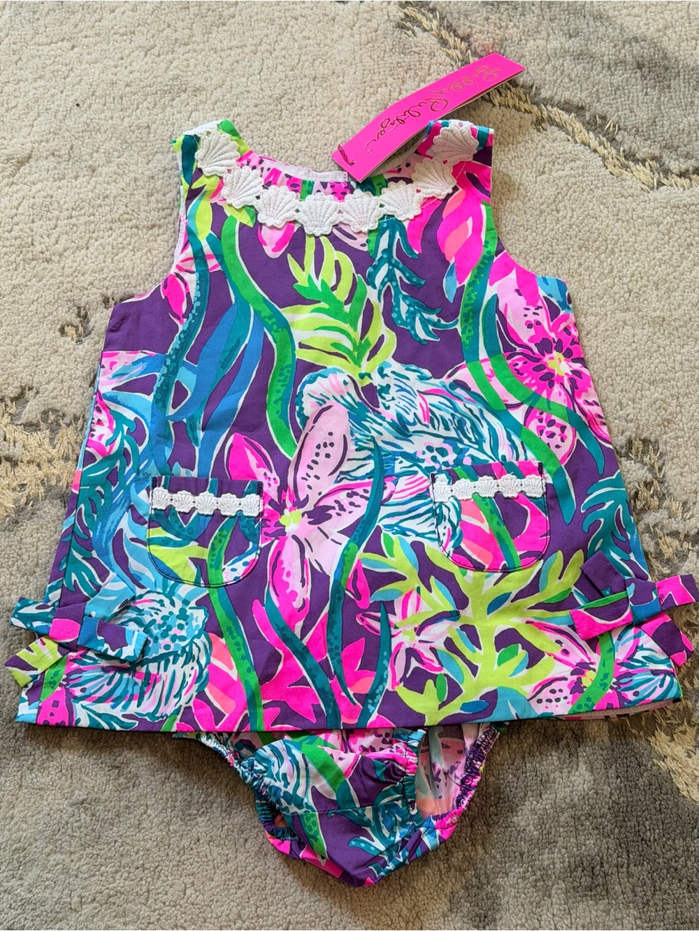 NWT Lilly Pulitzer Girls Floral Tank Romper - Pink, Purple & Green 6/12M